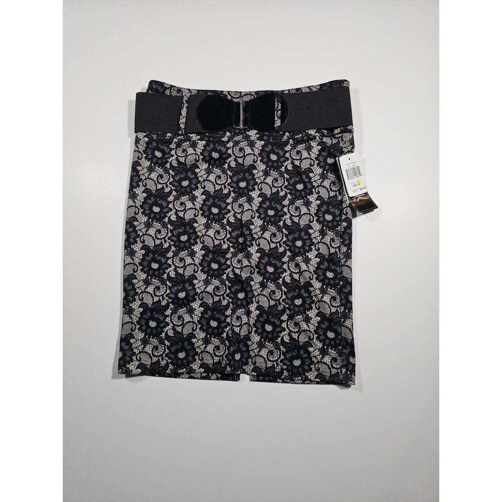 NWT Speak to Me Women's Midi Skirt Work Career Lace Print Belt Black White M